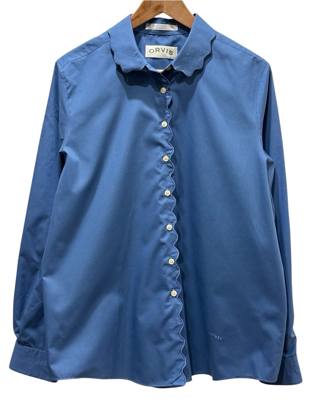 Orvis Blue Slate Blue Scalloped Trim Wrinkle-Free Button-Down Shirt Size 18
